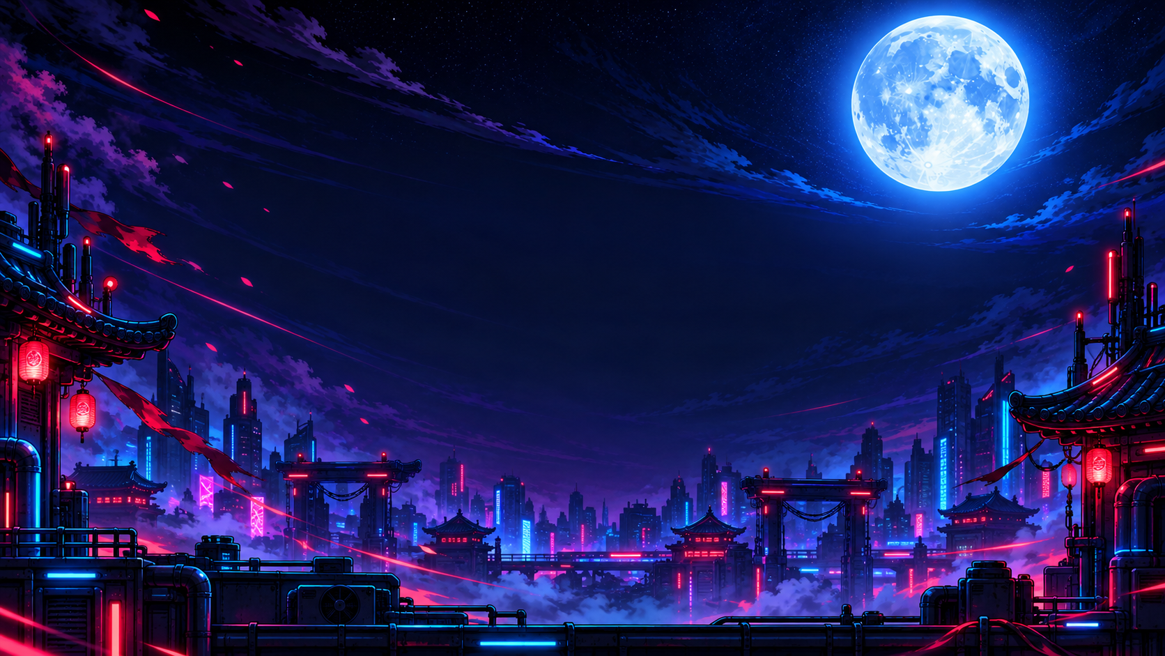 Cidade japonesa cyberpunk sob a lua cheia